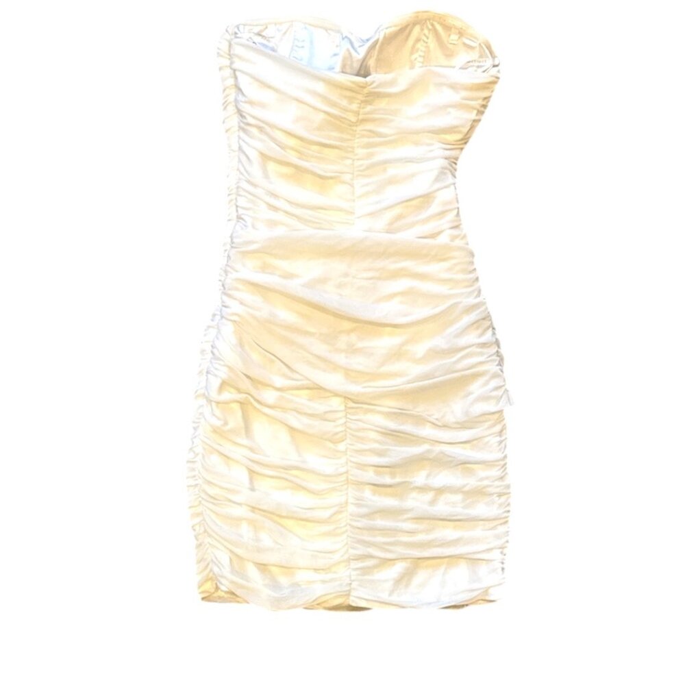Bebe Strapless Bodycon White Mini Dress Gold Accents - Picture 4 of 12